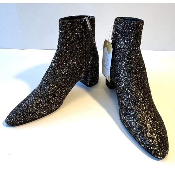 Saint Laurent Black Glitter Block Heel Ankle Booties, Sz 6.5 (US) 36.5 (EU) New - Picture 2 of 12